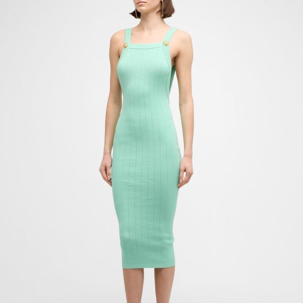 2-Button Backless Pointelle Rib Knit Midi Dress